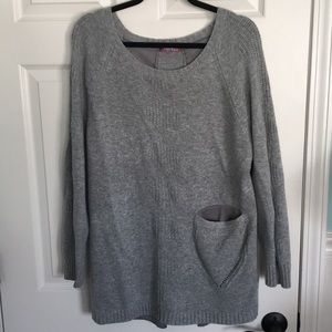 M/L long gray sweater with faux suede trim.